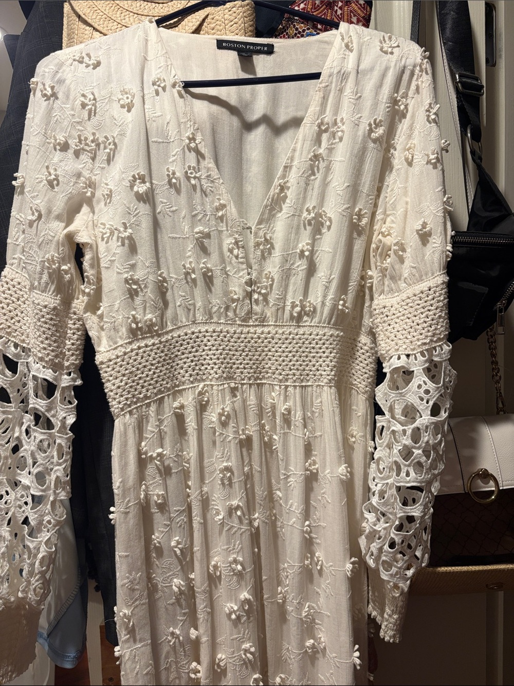 Boston Proper Cream Embroidered Long Sleeve Maxi Dress